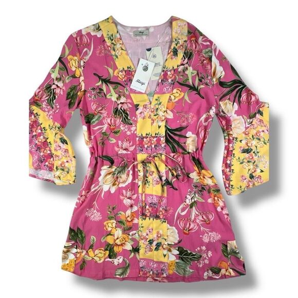 Maaji Botany Joy Kaftan Floral Pink Yellow Dress Bell Sleeve Size Large - Picture 5 of 8